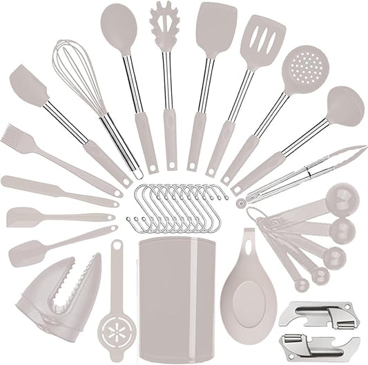 Silicone Kitchen Cooking Utensils Set with Stainless Steel Handle, Spatula Set Utensil Set, Cooking Utensil Set,Kitchen Tools Gadgets for Nonstick Cookware (35, Khaki)
