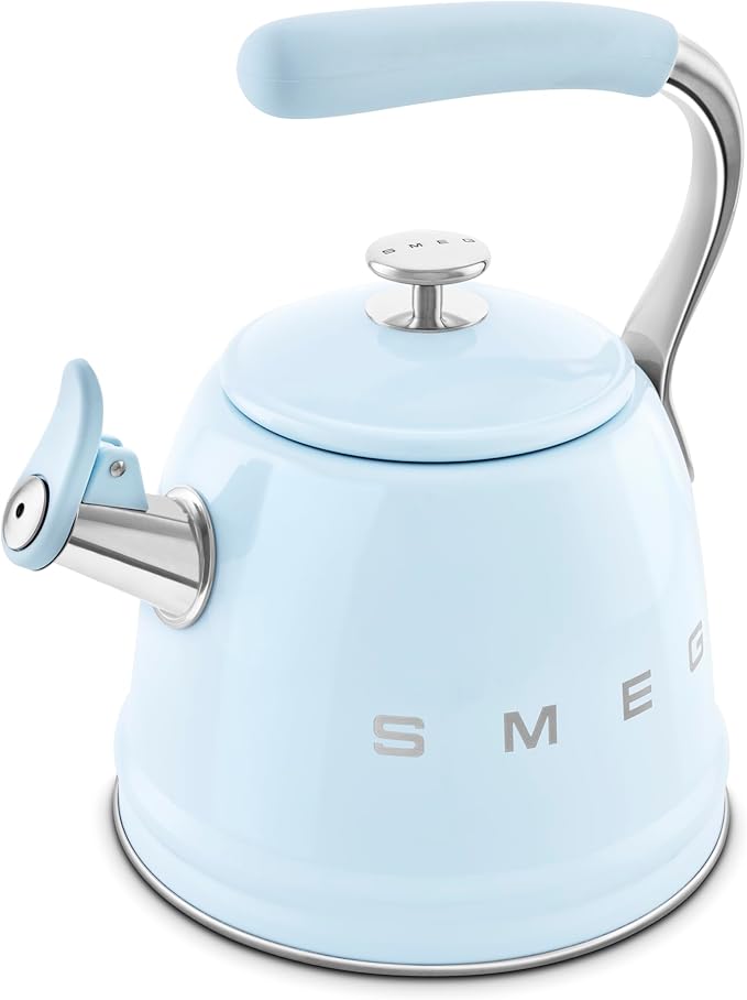 SMEG Stovetop Whistling Kettle – 50s Retro Style, 2.3 Liter (10 Cup / 2.4 Quart) Stainless Steel Tea Kettle with Iconic Design & Whistle – Premium Kitchen Statement Piece-Pastel Blue