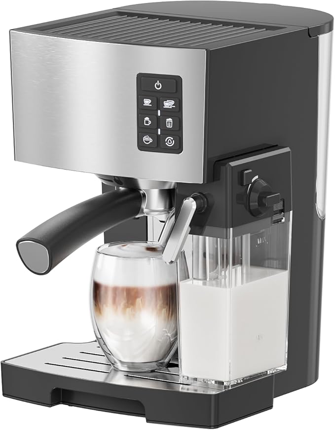 JZ.CAFE Cappuccino Coffee Machine - 20Bar Espresso Machine with Automatic Milk Frother, Espresso Maker in Stainless Steel Design,1250W Coffee Maker for Home, Office
