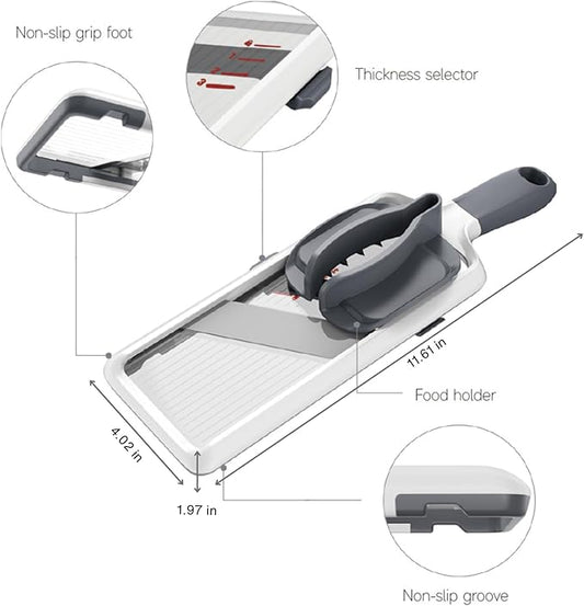Handheld Mandoline Slicer for Kitchen - Adjustable 3-Thickness Vegetable Slicer (1mm-3mm) with Food Holder - Safe Potato Slicer & Cucumber Cutter for Salad, Easy to Clean (Gray)
