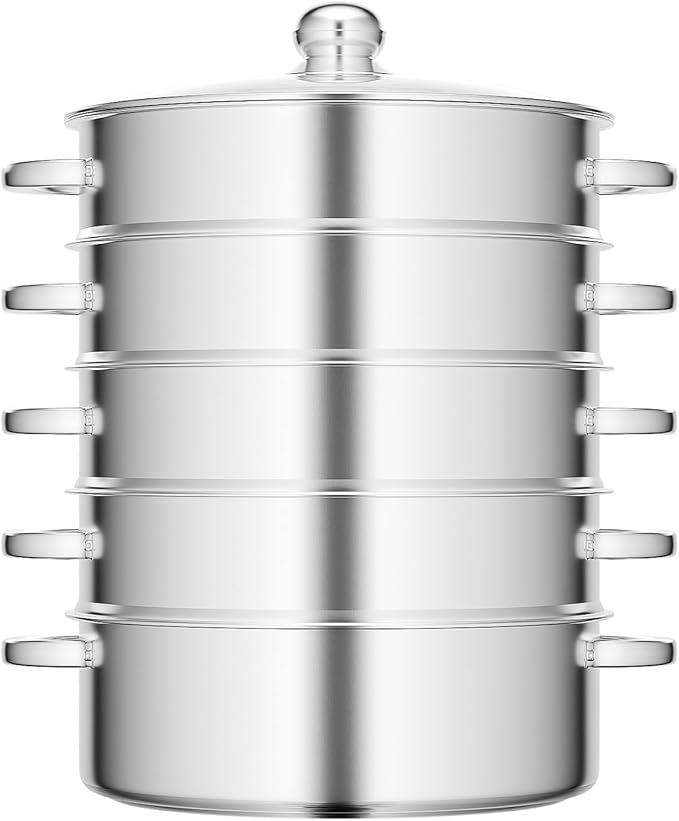 Large 5-Tier Stainless Steel Steamer Pot, Multi-Layer Stackable Food Steamer with Glass Lid, for Healthy Cooking, Steaming and Boiling, Multi-Functional Cookware (Type 2: Silver, 28cm)