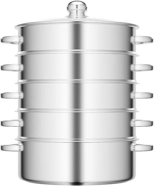 Large 5-Tier Stainless Steel Steamer Pot, Multi-Layer Stackable Food Steamer with Glass Lid, for Healthy Cooking, Steaming and Boiling, Multi-Functional Cookware (Type 2: Silver, 28cm)