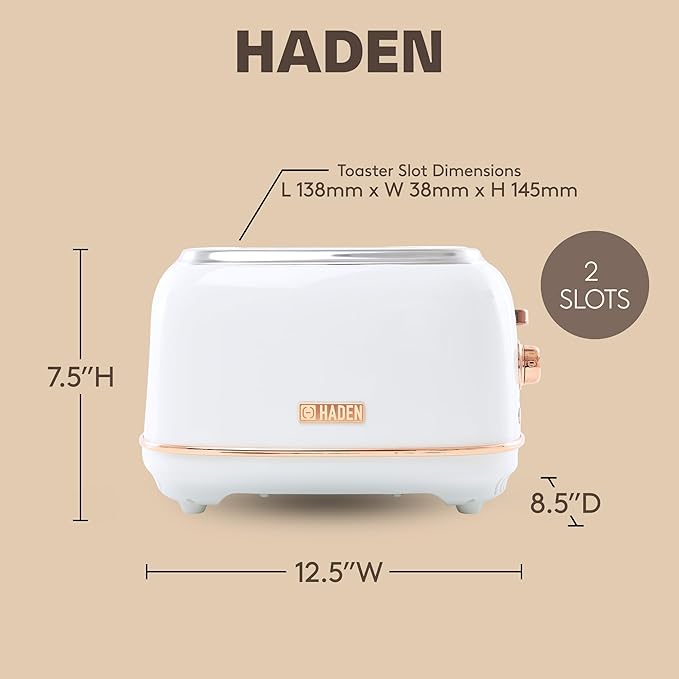 Haden Heritage 2-Slice Wide-Slot Toaster, Stainless-Steel Bread Toaster with Adjustable Browning Control, Crumb Tray & Non-Slip Feet, Ivory & Copper