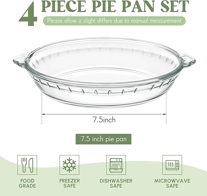 Uiifan 4 Packs 7.5 Inches Mini Glass Pie Pan for Baking Clear Pie Plate with Handles Round Glass Dish for Baking and Serving, Snacks, Salads, Desserts