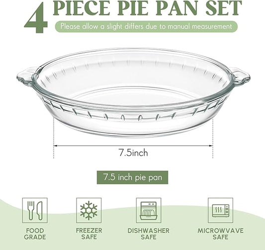 Uiifan 4 Packs 7.5 Inches Mini Glass Pie Pan for Baking Clear Pie Plate with Handles Round Glass Dish for Baking and Serving, Snacks, Salads, Desserts