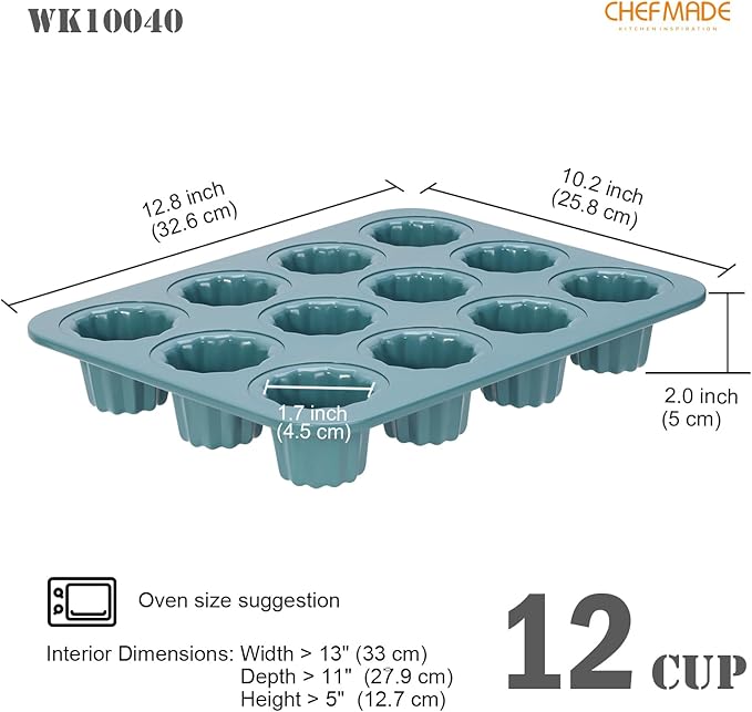 CHEFMADE Canele Mold Cake Pan, Nonstick 12 Cavity Canele Muffin Bakeware Cupcake Pan for Oven Baking（Green）