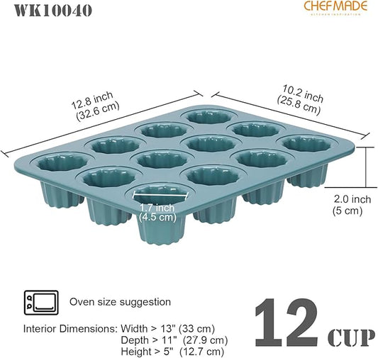 CHEFMADE Canele Mold Cake Pan, Nonstick 12 Cavity Canele Muffin Bakeware Cupcake Pan for Oven Baking（Green）
