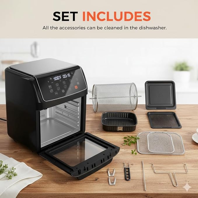 HealSmart 10-in-1 Air Fryer Oven, 12.6Qt Convection Oven with Visible Window, Rotisserie & Grill, Family-Size Airfryer with Visible Window for Healthy Cooking