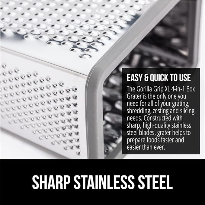 GORILLA GRIP 4-Sided Stainless Steel Cheese Grater With Container, 100% BPA-Free Box Grater, Slip Resistant Base and Handle, Grate Parmesan, Hard Cheeses, Shred Vegetables, Dishwasher Safe, Gray