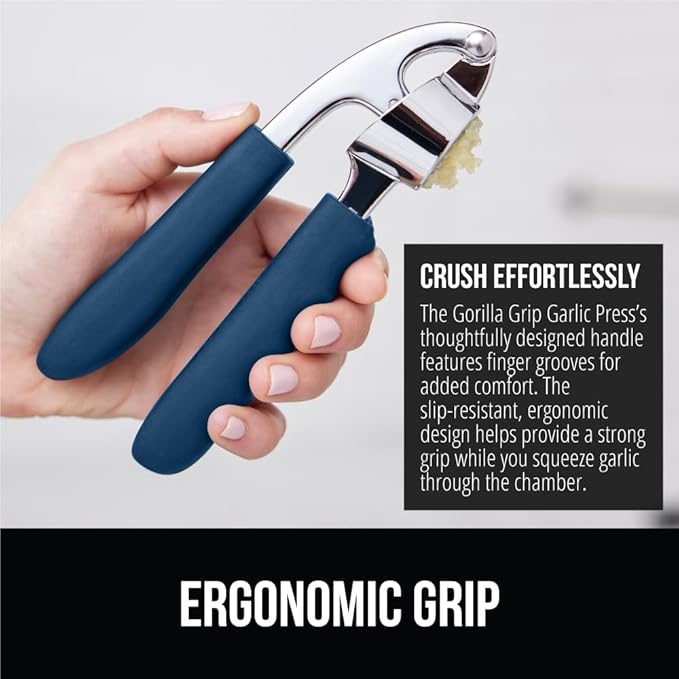 GORILLA GRIP Garlic Press and Peel Set, Heavy Duty Mincer Tool, Large Ergonomic Handle, Easily Mince and Crush Garlics, Ginger, Nuts, Seeds, Peeler Included for Peeling Cloves, Kitchen Gadgets, Blue