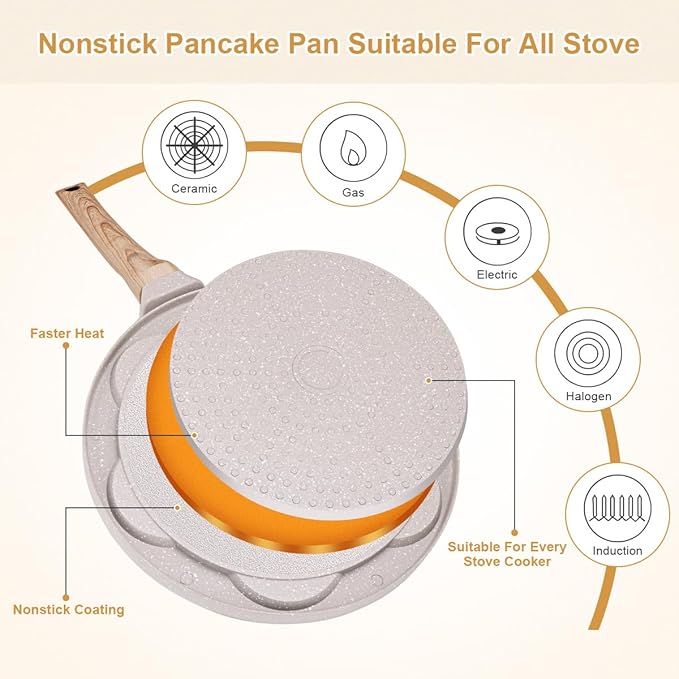 Pancake Pan Induction for Kids, Pancake Shapes Pan, Mini Pancakes Maker Nonstick Pancake Griddle 7 Holes Smiley Face Pancake Mold for Breakfast, 10 Inch (White)