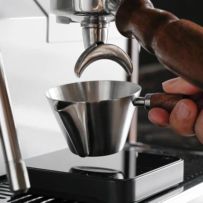 watchget 3.4oz/100ml Crema-Removed Espresso Shot Cup with Wooden Handle Stainless Steel Espresso Measuring Cup Espresso Shot Pitcher with V-Shaped Mouth for Barista Cafe Home