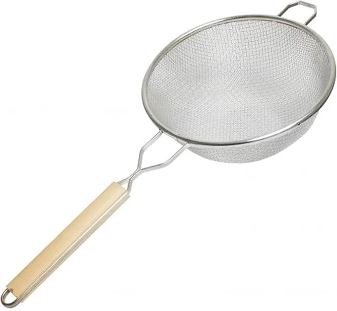 TrueCraftware- 10-Inch Double Medium Mesh Strainer Stainless Steel 10-3/4" Handle Length Wooden Handle- Kitchen Utensil Food Strainer Skimmer Spoon for Cooking Sieve Sifters Pasta Fruits Vegetable