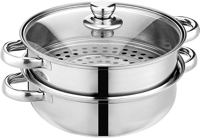 Steamer Pot for Cooking 11 inch Steamer Pot, 2-tier Multipurpose 18/8 Stainless Steel Steam Pot Cookware with Lid for Vegetable, Dumpling, Stock, Sauce, Food