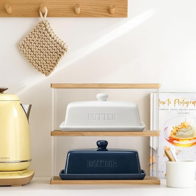 Butter Dish With Lid, WERTIOO Porcelain Butter Keeper With Handle Cover French Butter Dish with Stainless Steel 3 in 1 Butter Spreader Container for Countertop, Dark Blue