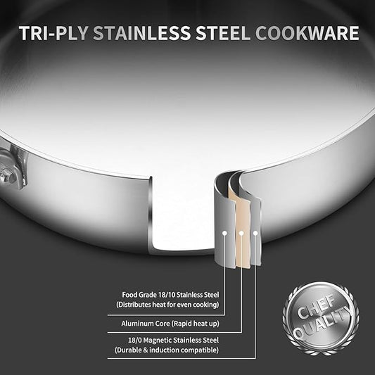 Yeksum Tri-Ply Stainless Steel Saute Pan 7 Quarts, 12 Inch Deep Frying Pan with Lids, 3-layer Large Frying Pan Skillet with Stay Cool Handle, Saute Pan with Lid, Induction Pan, Works on All Cooktops