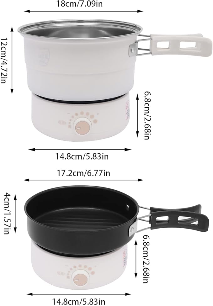 Portable Electric Hot Pot 500W 1.6L with Foldable Handles Power Adjustment Non-stick Frying Pan Mini Hot Pot Multi-Functional Ramen Noodle Cooker for Noodles Steak Cooker (White)