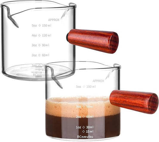 BCnmviku Double Spouts Measuring Triple Pitcher Milk Cup with Wood Handle 150ML /5OZ Espresso Shot Glasses Parts Clear Glass (2)