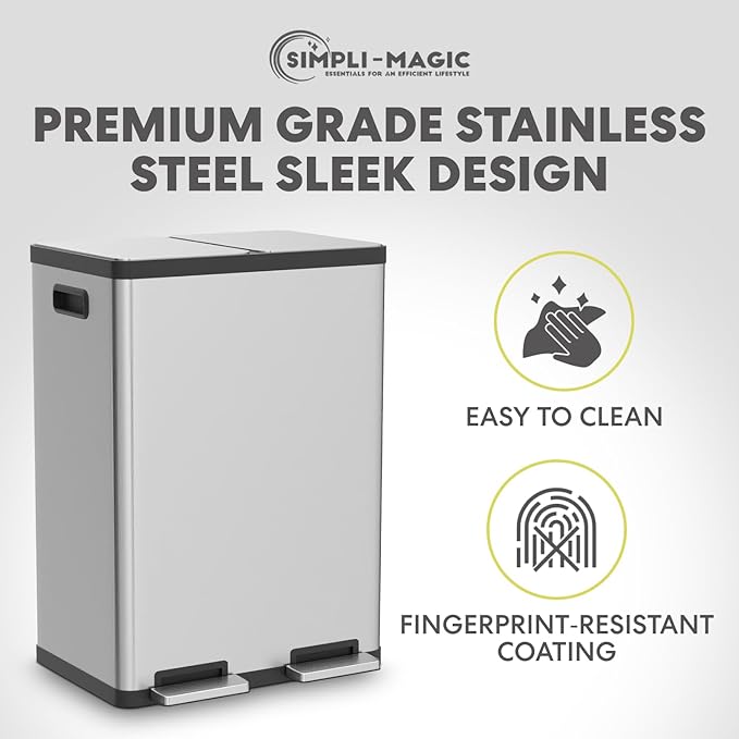 Simpli-Magic 16 Gallon (60L) Step Trash Can – Dual Compartment Kitchen Garbage Can with Waste & Recycling Bins – Slow-Close Lid, Odor Control, Hands-Free, Inner Bases, Premium Stainless Steel