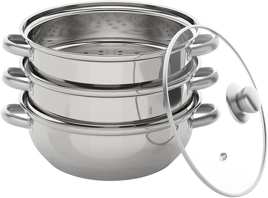 3 Tier Steamer Cooker,Home Steam Pot Set,Multi tier Stainless Steel Kitchen Cookware Hot Pot for Cooking Vegetables, Seafood, Soups, Stews and Pasta (Silver, 12.8 * 9.84in)