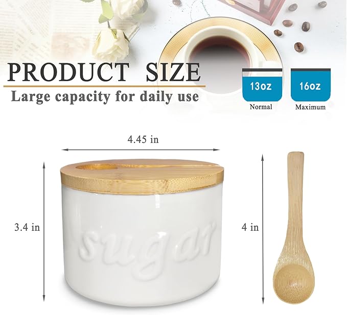 Sugar Bowl with Lid and Spoon, 16 OZ Airtight Sugar Container for Coffee Bar, Farmhouse Ceramic Jar, Sugar Holder Coffee Bar Accessories for Countertop, White