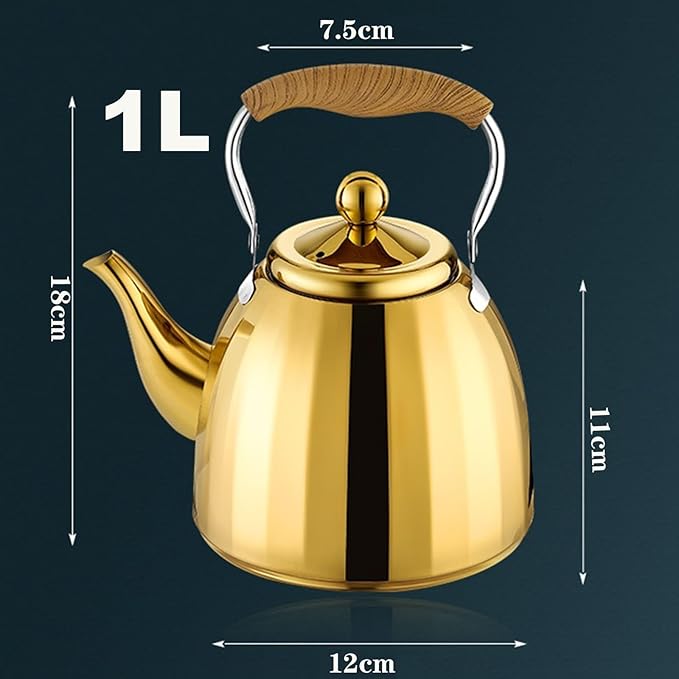 Gold Tea Kettle Stovetop with Infuser, 1.1-Quart Small Cute Tea Pot, 304 Stainless Steel Teapot with Ergonomic Wood Pattern Folding Handle for All Stovetops(1L)