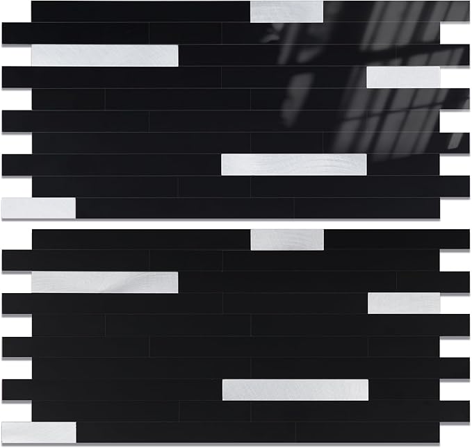 Yipscazo 2 Sheets Peel and Stick Stone Metal Backsplash, PVC Wall Tiles Stick on Tiles for Backsplash Kitchen, Bathroom, Fireplace (6'' X 12'', Black)