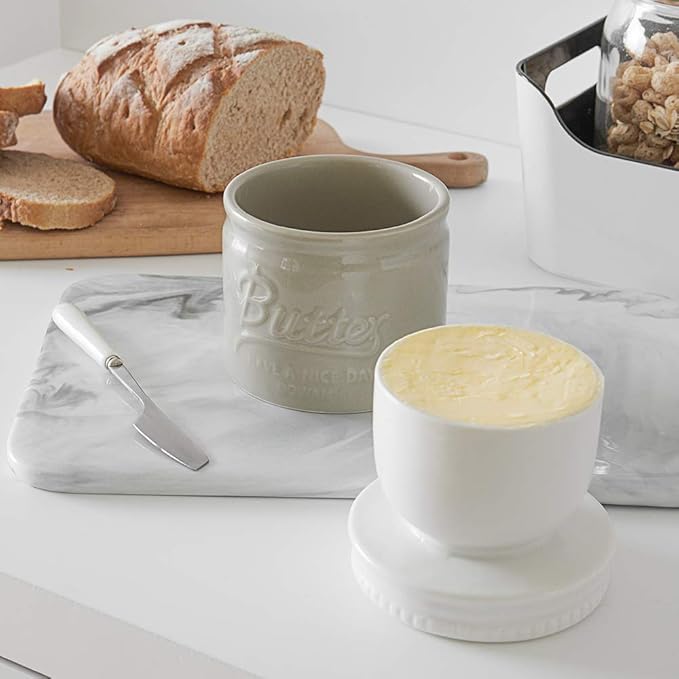DOWAN Butter Keeper, French Butter Dish, Ceramic Candy Servers for Storage, No More Hard Butter & Humanized Water Line, Grey