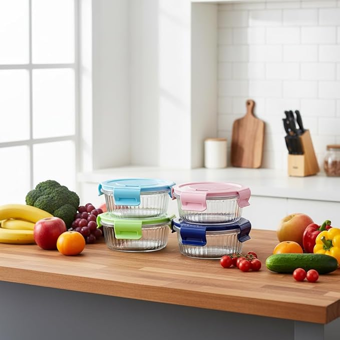 Small Round Glass Food Storage Containers with Lids, 1.5 Cup Round Food Containers set BPA-Free, 12oz Glass Lunch Bowls for Soup Leftover, Microwave, Dishwasher and Freezer Safe (4pack)