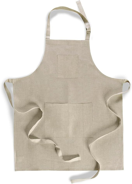 Solino Home Linen Bib Apron for Men & Women - 100% Pure Linen Light Natural Kitchen Apron with Front Pockets - Handcrafted from European Flax