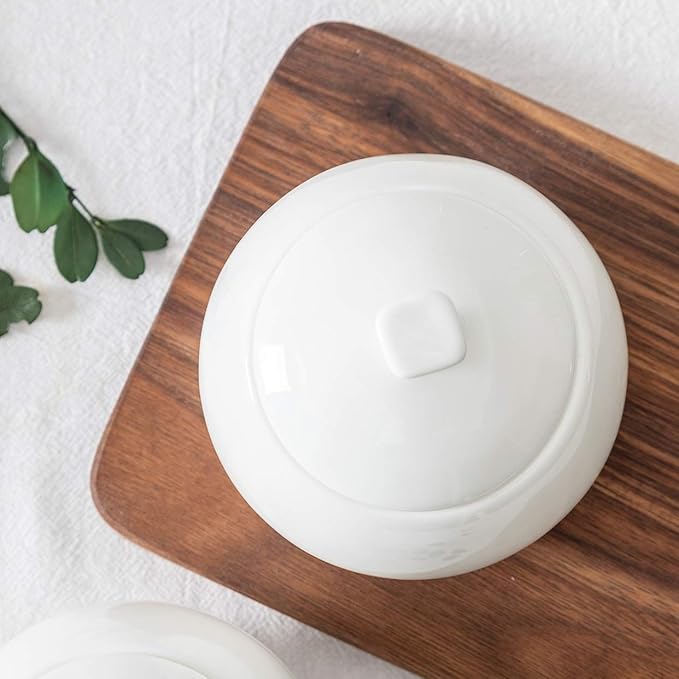 Sizikato 2pcs Pure White Porcelain Sugar Bowl with Lid, 14 Oz Salt Bowl for Kitchen or Restaurant