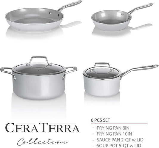 TECHEF - CeraTerra Collection Ceramic Nonstick Cookware Set (PTFE and PFOA Free Ceramic Exterior & Interior), Made in Korea, (6-Piece Set)