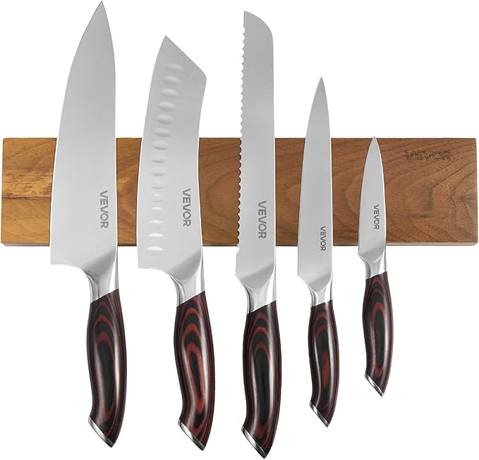 VEVOR Kitchen Knife Set, 6 Piece High Carbon Stainless Steel Sharp Knife Set, Professional Kitchen Cutlery with Ergonomic Crack-Resistant Handle, and Walnut Finish Powerful Magnetic Knives Holder