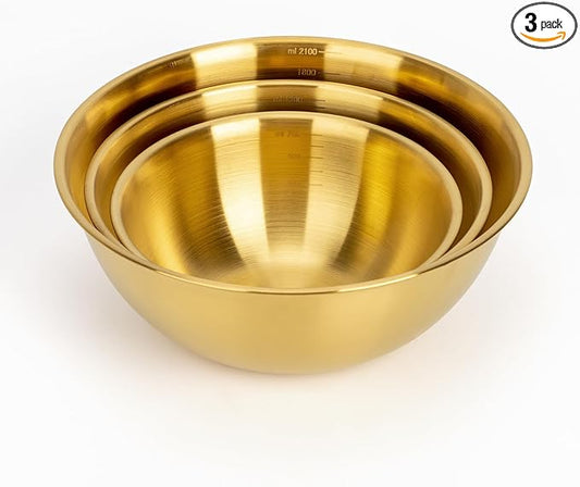 fecoqi 3-Set Stainless Steel Golden Mixing Bowls Set (8.26"+7.1"+6.3"), Metal Bowl with Measurement Marks, Dishwasher Safe & Stackable - Perfect for Baking, Salad Making, Meal Prep and Kitchen Use