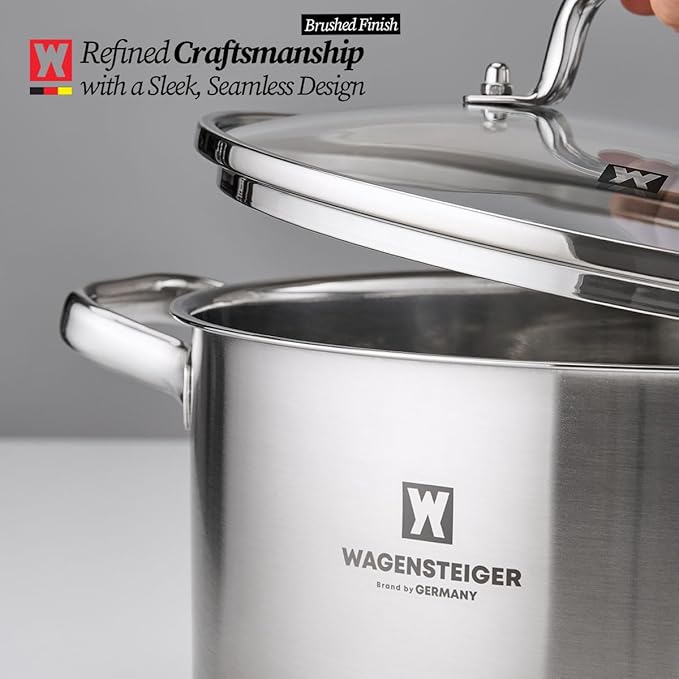 WAGENSTEIGER 3.78-Quart Stainless Steel Stock Pot with Tempered Glass Lid, 3-Ply Construction, Ergonomic Handles, Compatible with All Cooktops, BPA Free (8.46" Diameter)