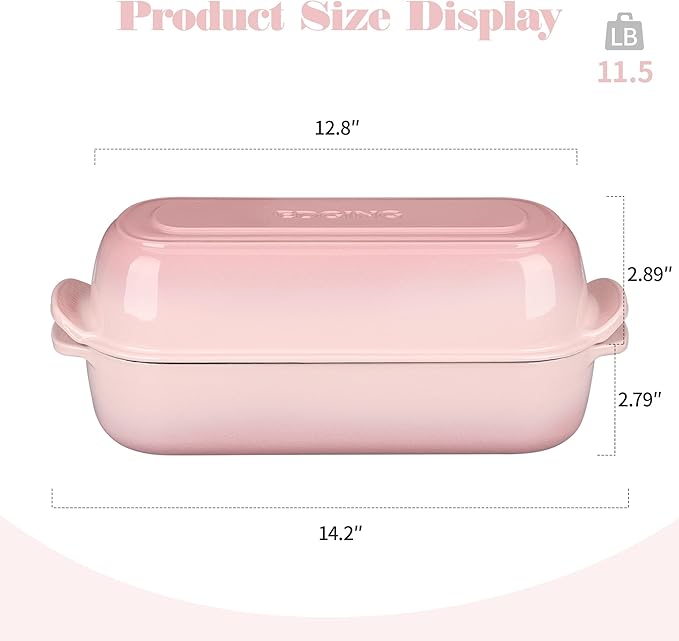 EDGING CASTING Enameled Cast Iron Loaf Pan with Lid, Bread pan, Dutch Oven Bread pan for Homemade Sourdough Bread Baking, 12.5x5.5 inch, 5qt, Pink