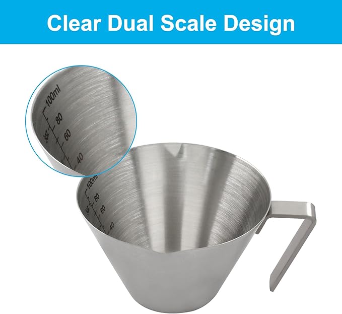 Piutouyar 100 ml / 3.4 oz Stainless Steel Espresso Cups, Double Spout Espresso Measuring Cup with Handle, Dual Scale Metal Espresso Shot Cup Pouring Cup