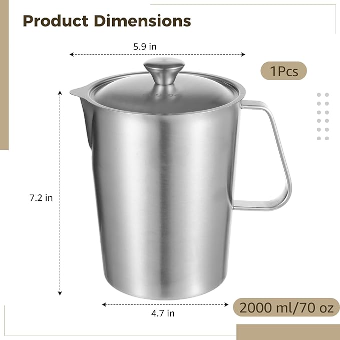 2L Stainless Steel Pitcher with Lid, 70 oz Measuring Cup with Dual-Scale Markings, Milk Frothing Jug, Large Beaker for Espresso Machine, Hot/Cold Water, Latte Art, Iced Tea