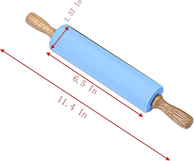 Silicone Rolling Pin, 9 Inch Green Rolling Pin with Wooden Handle for Kneading the Dough of Cookie, Baking Bread, Pizza and Noodles (Blue, 11.4 inch)