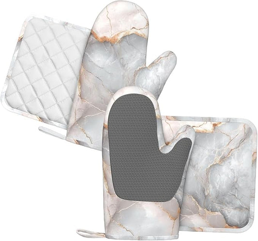 Oven Mitts and Pot Holders Gray Pastel Pink Marble Absstract Silicone Kitchen Accessories Set of 4 Heat Resistant Long Gloves Potholder Non-Slip Grip for Chef Cooking Baking Grilling BBQ