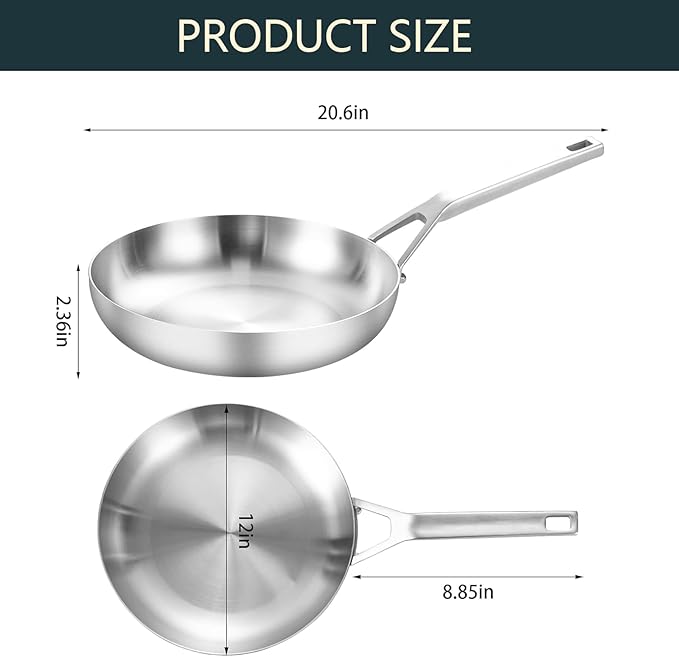 Yeksum Tri-Ply Fully Bonded Stainless Steel 12Inch Frying Pan With Lid, Up to 600℉ Full Clad, Large Cooking Surface for Searing, Induction Ready, Dishwasher and Oven Safe