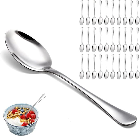 Suwimut 30 Pieces Large Tablespoons Set, 8 Inch Food Grade Stainless Steel Dinner Spoons, Metal Soup Spoon Silverware Spoon for Home, Kitchen or Restaurant, Mirror Polished & Dishwasher Safe