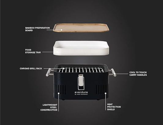 Everdure CUBE Portable Charcoal Grill, Tabletop BBQ, Perfect Tailgate, Beach, Patio, or Camping Grill, Lightweight & Compact Small Grill with Preparation Board & Food Storage Tray, Matte Black