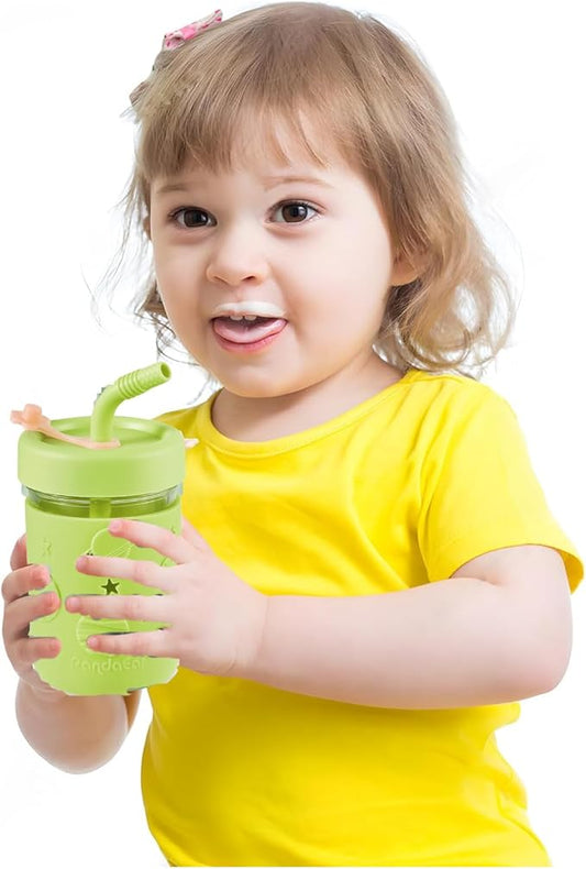 PandaEar Kids & Toddler Glass Cups, 4 Pack Glass Mason Jar Cups 8.45 oz with Silicone Sleeves & Straws, Toddler Spill-Proof Smoothie & Snack Cups