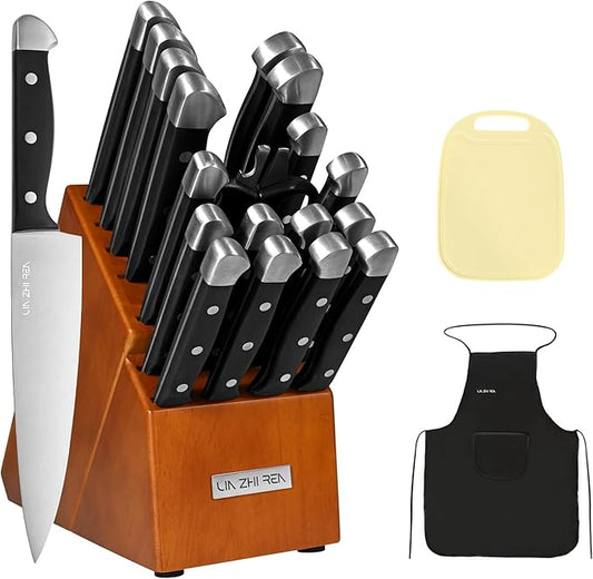 Knife Sets for Kitchen with Block, 22 Pieces Kitchen Knives with Built-in Sharpener with Cutting Board and Apron, Non-Slip Handles, Dishwasher Safe