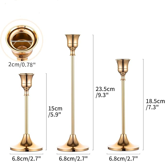 IBSales | Set of 3 Metal Taper Candle Holders – Gold Vintage-Inspired Decorative Centerpiece for Table, Mantel, Wedding, or Housewarming Gift – Elegant Modern Design.