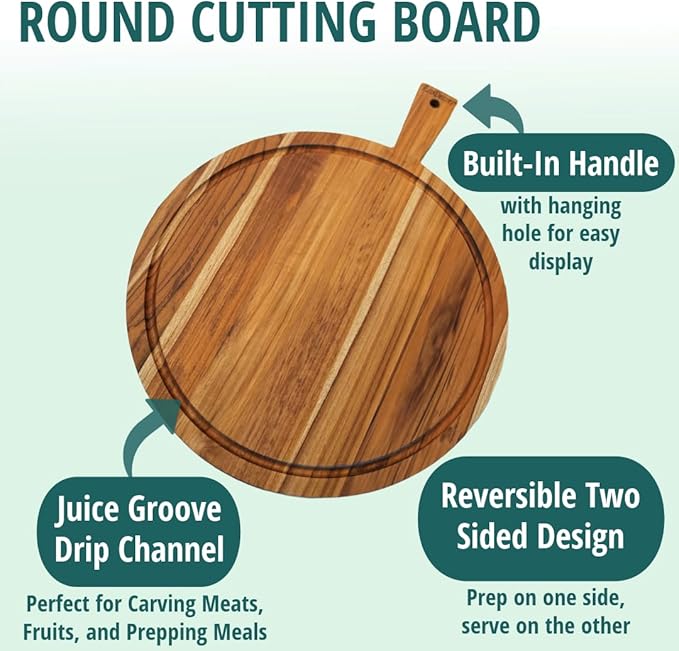 EcoDecors 3 Piece Round Teak Cutting Board Set with Handle, FSC Certified Teak Wood, Edge Grain with Juice Groove, Carving Board for Kitchen and Prep
