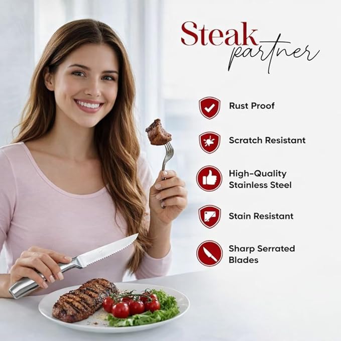 Steak Knives Set of 4, Rust Free Stainless Steel Steak Knife Set with Sharp Serrated Edge and Non Slip Handle