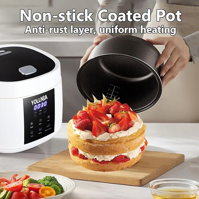 Yollnia 3L Rice Cooker 12 cups (Cooked), Mini Digital Rice Cooker,6 in 1 Multicooker for Grain, Preset and Reheat Options, 12-Hr Delay Timer, Auto Keep Warm, Non-Stick Inner Pot with Steaming Basket