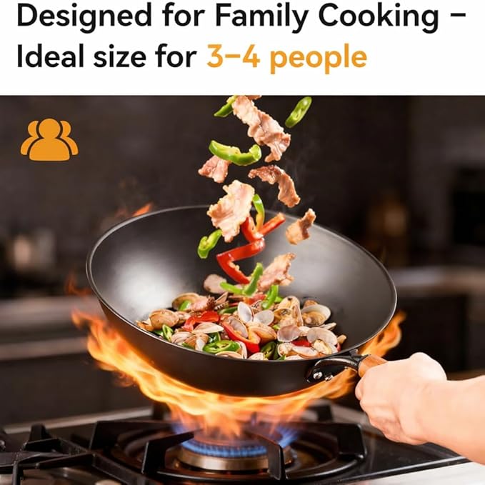 WANGYUANJI 12.6" Carbon Steel Wok with Lid & Spatula - Gift Ready Packaging, Precision Spun Iron Stir Fry Pan for 3-4 People - Flat Bottom, Nitrided Rust-Resistant Surface (Requires Seasoning)